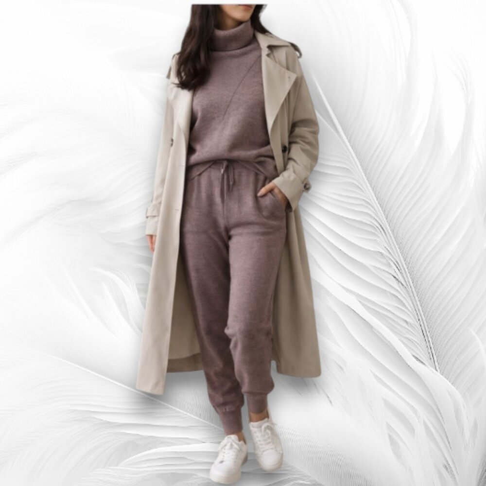 Cozy Knit Lounge Set Turtleneck Sweater & Jogger Pants Mauve Minimal Chic